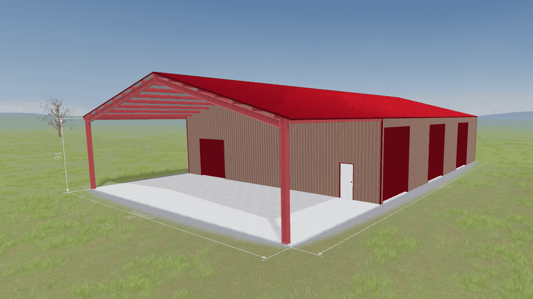 3D rendering of a red iron pre-engineered metal building with clear-span frame and PBR panels by Texas Metal Buildings LLC 3D rendering of a red iron pre-engineered metal building with clear-span frame and PBR panels by Texas Metal Buildings LLC