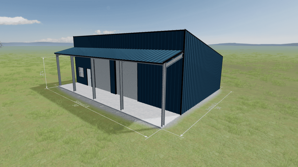 3D rendering of a cold formed steel building with roll-up doors and awning, designed for nationwide delivery by Texas Metal Buildings LLC 3D rendering of a cold formed steel building with roll-up doors and awning, designed for nationwide delivery by Texas Metal Buildings LLC